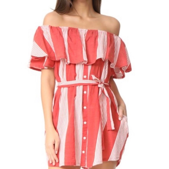 Faithfull the Brand Amalfi Rust-Red Striped Off-Shoulder Mini Dress • Size S - Picture 11 of 14
